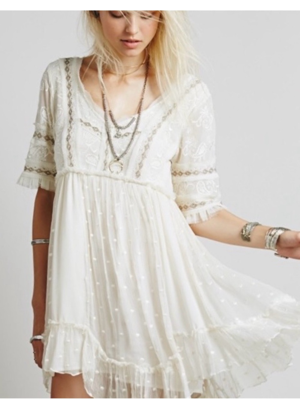 Free People Little Dot Embroidered Ragged Mini Dress Ivory M